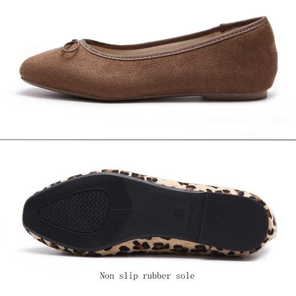 Women's A-brown Polyurethane Round Toe Comfortable Bow Ballet Flats Shoes - Picture 4 of 7